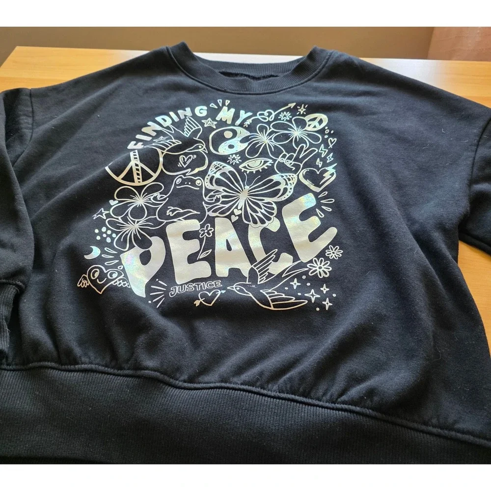 Justice Girls Black Finding My Peace Holographic Sweatshirt and Sweatpants Set S